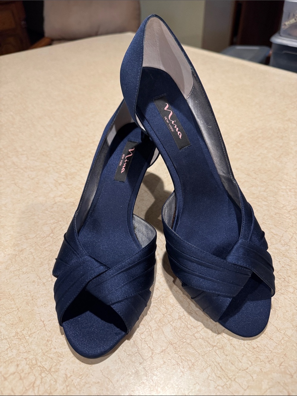 Nina Navy Satin Twist Peep-Toe Heels